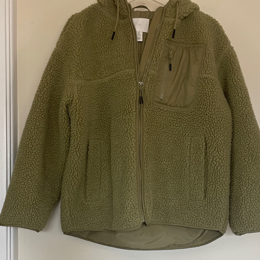 H&M Olive Green Teddy Sherpa Zip-Up Jacket with Hood